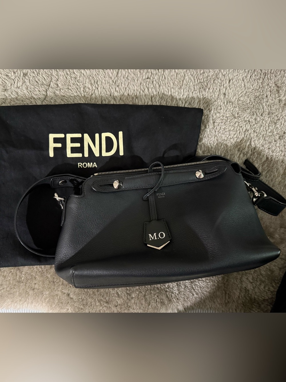Fendi by the way Mini Black Pebbled Leather Shoulder Bag with Initial Tag